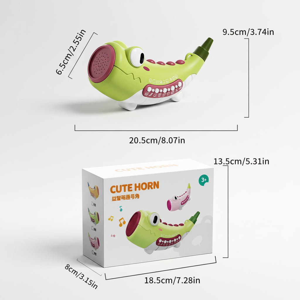 Toy horn shaped like a crocodile with dimensions and packaging shown