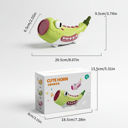 Toy horn shaped like a crocodile with dimensions and packaging shown