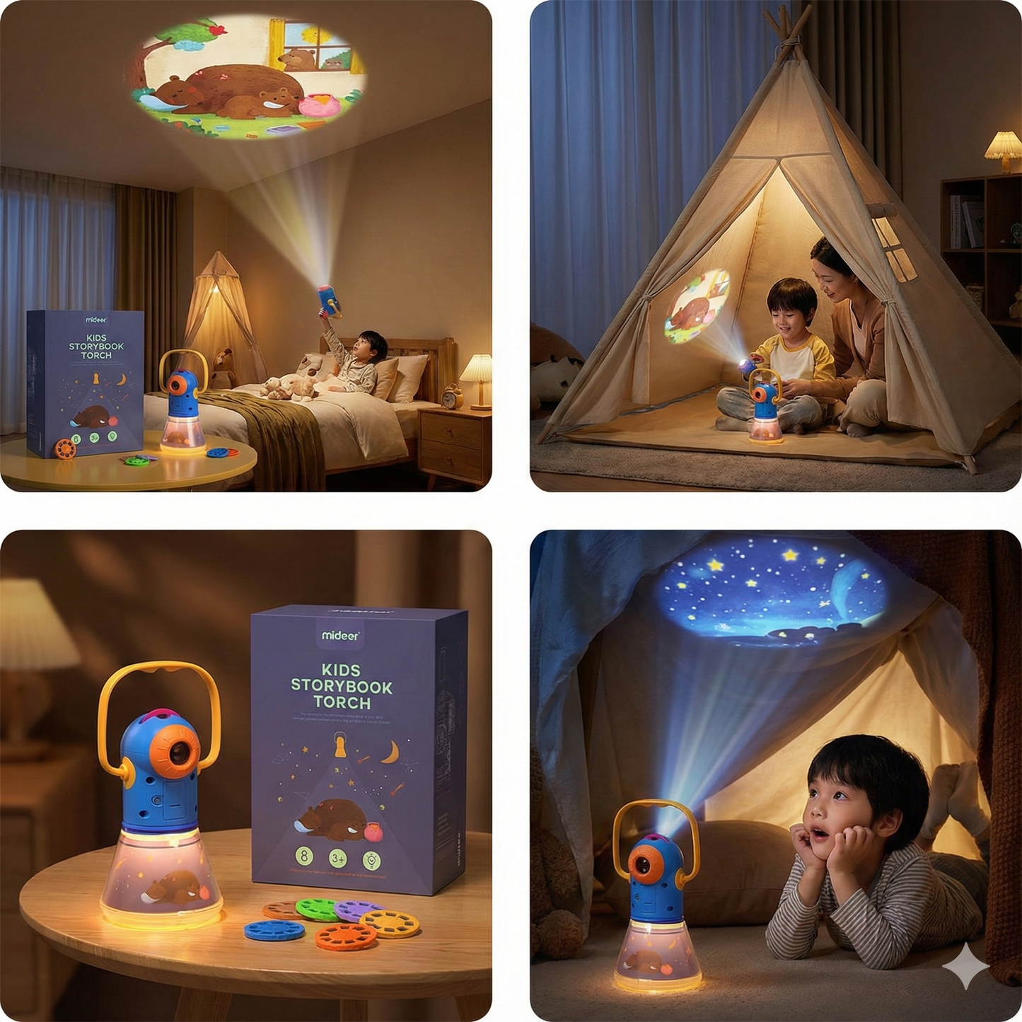 Collage of a kids' storybook torch being used in various settings, including a bedroom and a teepee.