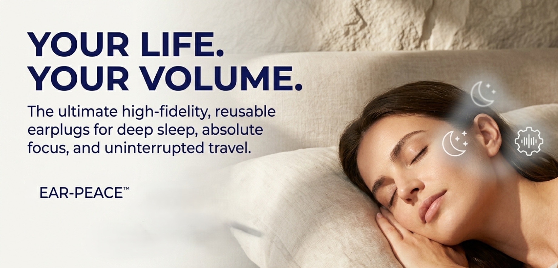 Advertisement for EAR-PEACE earplugs with a woman sleeping and text about product features.