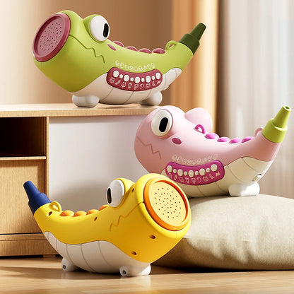 Three colorful toy crocodiles on a wooden surface with a neutral background
