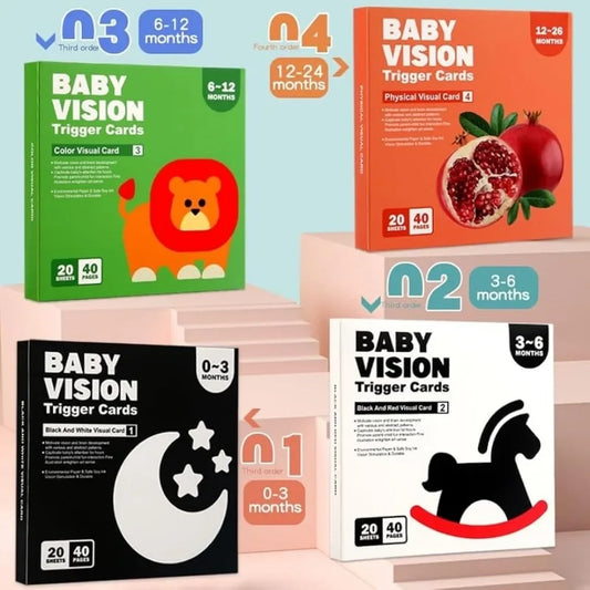 Collection of Baby Vision Trigger Cards packaging on a light blue background