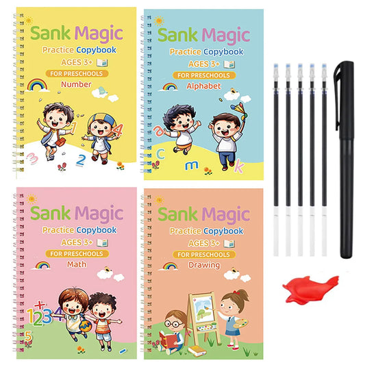 Reusable Magic Copybook – Handwriting Practice with Groove Pen (4-Book Set)